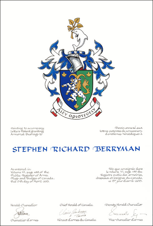 Letters patent granting heraldic emblems to Stephen Richard Berryman