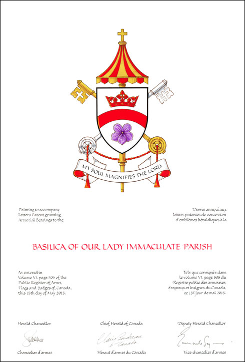 Lettres patentes concédant des emblèmes héraldiques à la Basilica of Our Lady Immaculate Parish