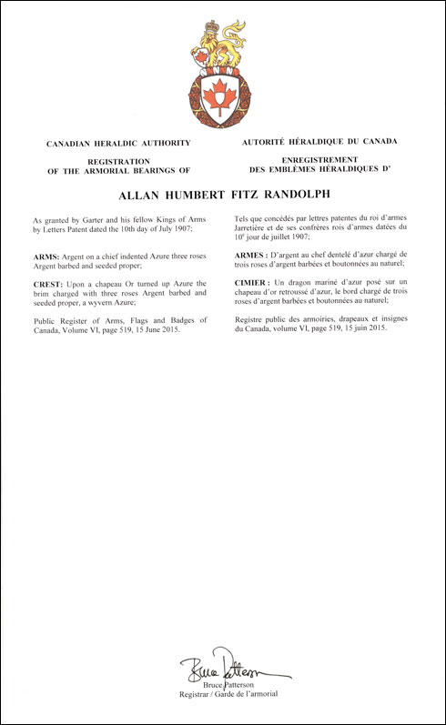 Lettres patentes enregistrant les emblèmes héraldiques d'Allan Humbert Fitz Randolph