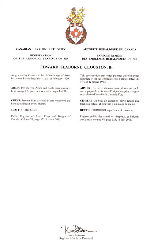 Letters patent registering the heraldic emblems of Edward Seaborne Clouston