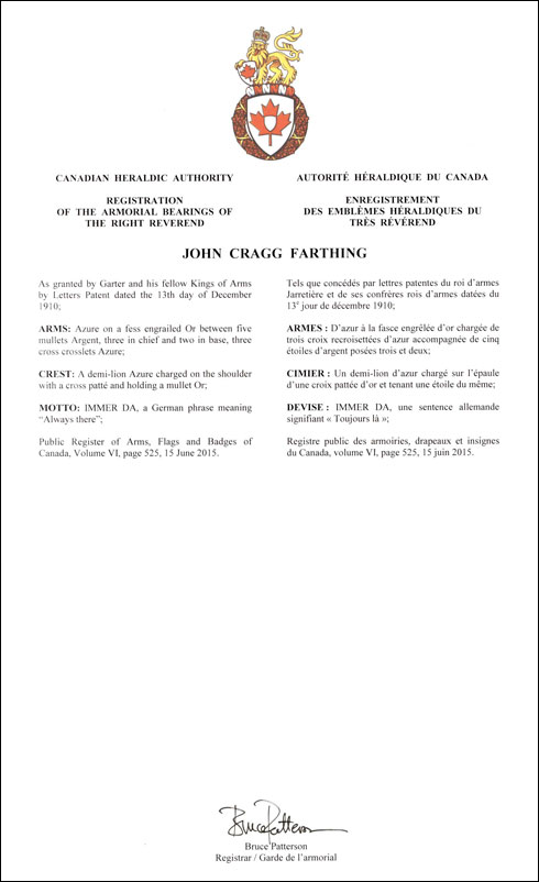 Letters patent registering the heraldic emblems of John Cragg Farthing