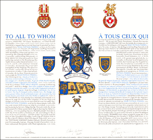 Letters patent granting heraldic emblems to Ryan Patrick Pannell