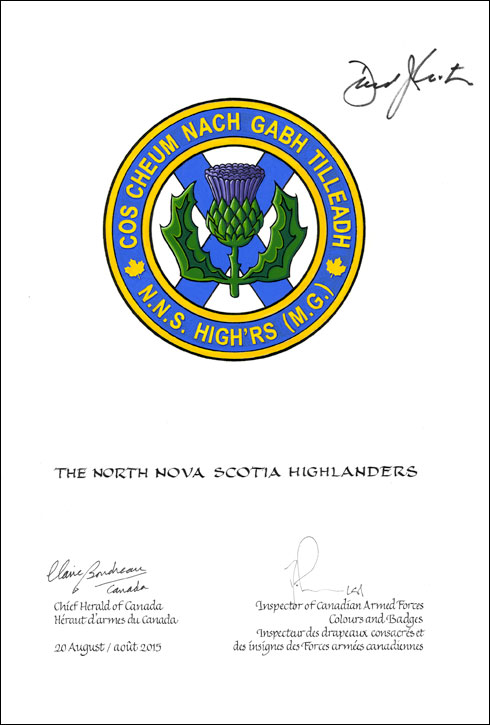 Lettres patentes approuvant l’insigne de The North Nova Scotia Highlanders