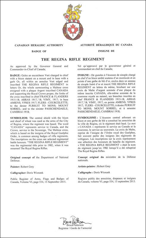 Lettres patentes approuvant l’insigne de The Regina Rifle Regiment