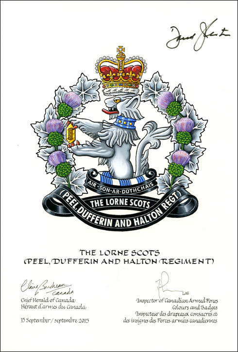 Lettres patentes approuvant l’insigne de The Lorne Scots (Peel, Dufferin and Halton Regiment)