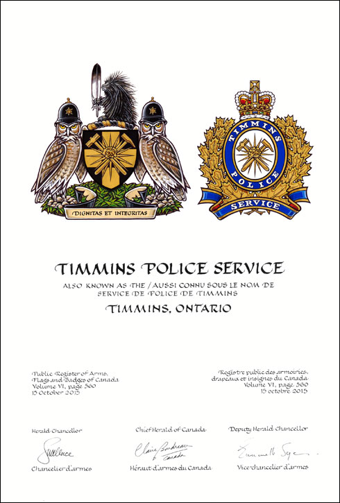 Lettres patentes concédant des emblèmes héraldiques au Timmins Police Service (aussi connu sous le nom de Service de police de Timmins)