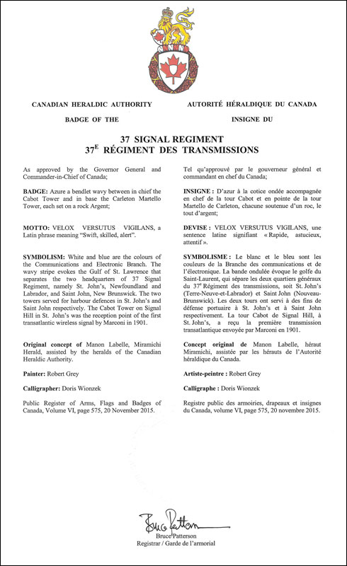 Letters patent approving the Badge of the 37 Transmission Regiment